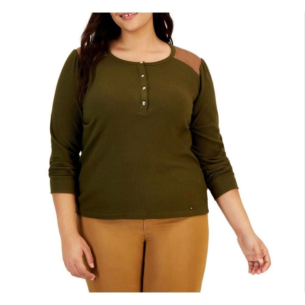 Womens Tommy Hilfiger Plus Waffle Knit Thermal Henley Long Sleeve Shirt Top - 1x